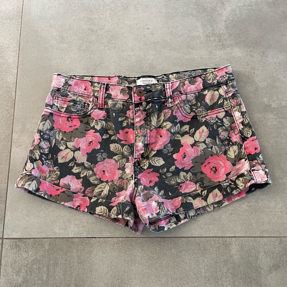 Forever 21 Pink and Black Jean Shorts with Floral Design